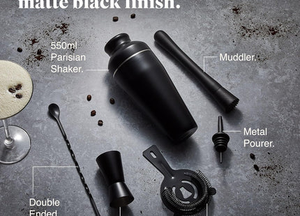 VonShef Parisian Cocktail Shaker Set – Black 6-Piece Stainless Steel Kit (550ml)
