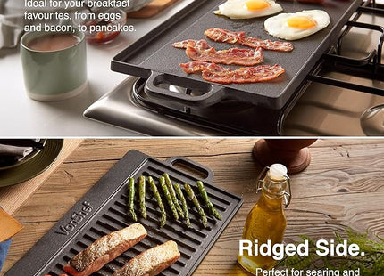 VonShef Reversible Cast Iron BBQ Griddle Pan with Handles – 50cm, Pre-Seasoned Non-Stick, Double-Sided for Hob, Oven & BBQ