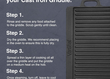 VonShef Reversible Cast Iron BBQ Griddle Pan with Handles – 50cm, Pre-Seasoned Non-Stick, Double-Sided for Hob, Oven & BBQ