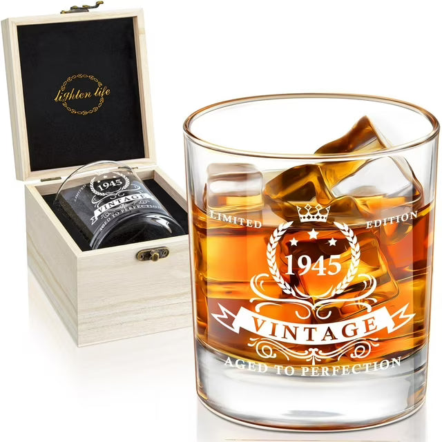 LIGHTEN LIFE Birthday Whiskey Glass Gift Set – 1945 Vintage with Wooden Box