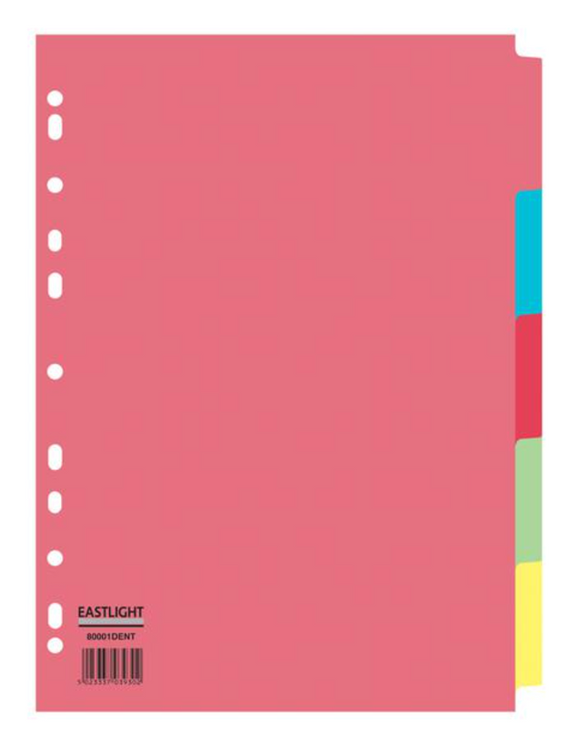 Eastlight A4 5-Part Card Dividers – Assorted Colours, Pack of 50