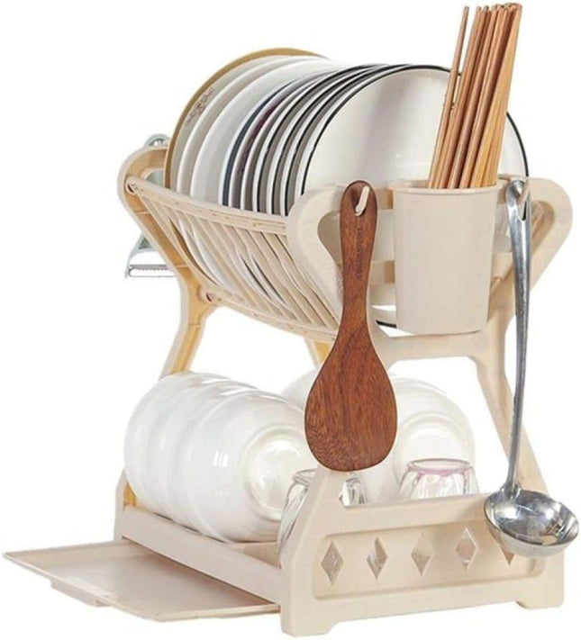 2-Tier Multifunctional Plastic Dish Drain Rack with Removable Drip – Beige