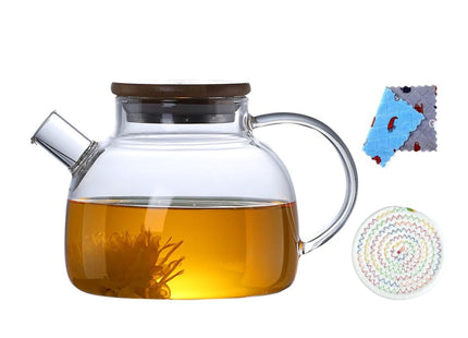1000ml Thickened Glass Teapot with Bamboo Lid, Filter, Coaster & Cleaning Cloths