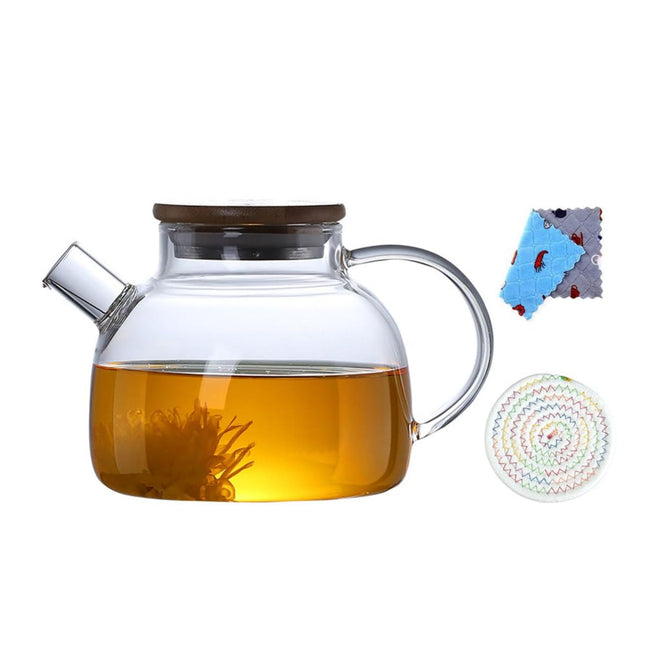 1000ml Thickened Glass Teapot with Bamboo Lid, Filter, Coaster & Cleaning Cloths