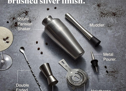 VonShef Parisian Cocktail Set – 6-Piece Brushed Silver Mixology Kit