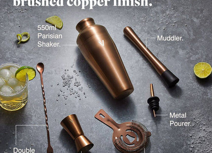 VonShef Parisian Copper Cocktail Shaker Set – 6 Piece Stainless Steel - 550ml