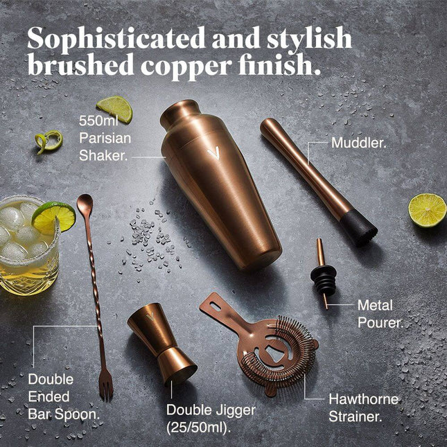 VonShef Parisian Copper Cocktail Shaker Set – 6 Piece Stainless Steel - 550ml