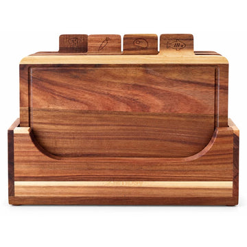 Acacia Wood Chopping Board Set of 4 with Storage Stand & Food Tabs