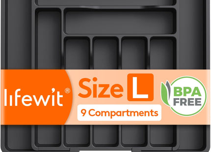 Lifewit Cutlery Drawer Organiser Large – Adjustable 9 Compartment Insert, Black