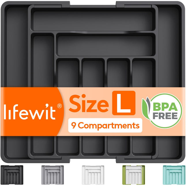 Lifewit Cutlery Drawer Organiser Large – Adjustable 9 Compartment Insert, Black