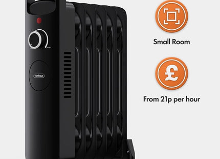 VonHaus 6 Fin Oil Filled Radiator 800W – Portable Electric Heater – Black