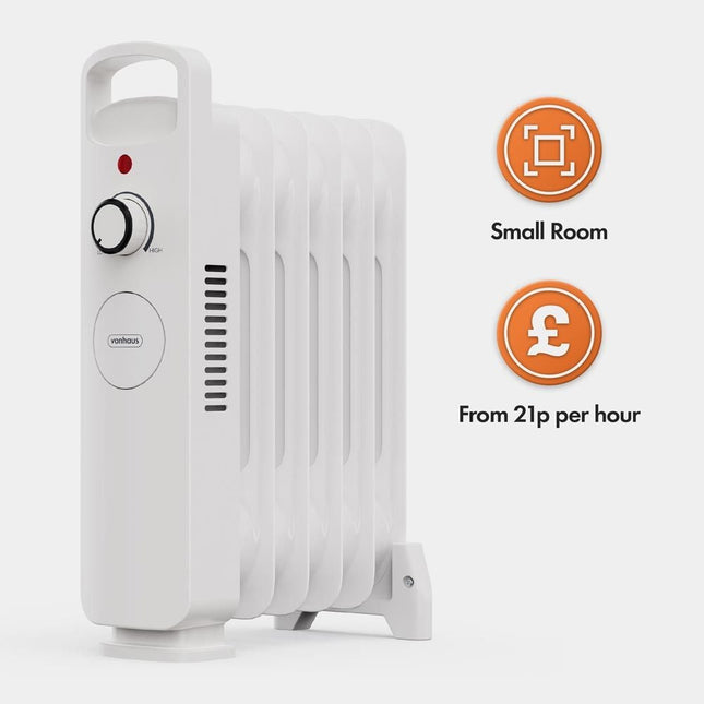 VonHaus 6 Fin Oil Filled Radiator 800W – Portable Electric Heater – White