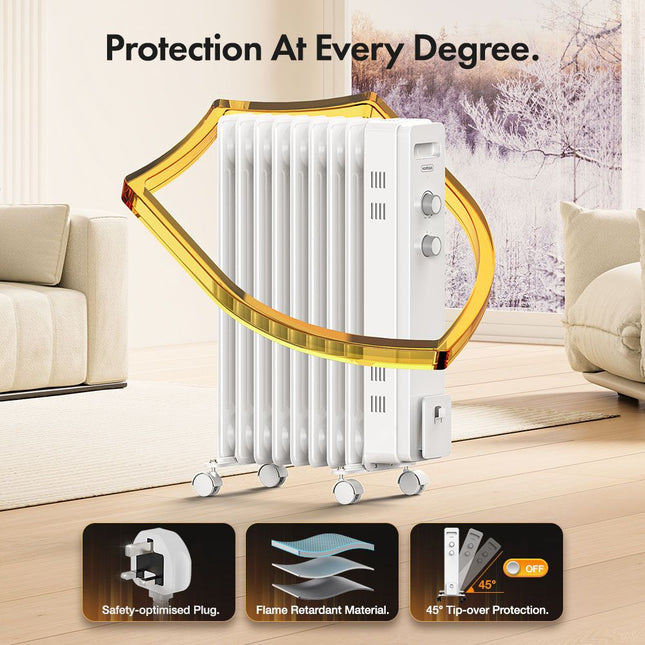 VonShef 9 Fin Oil Filled Radiator 2000W – Overheat Protection – White
