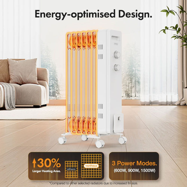 VonHaus 7 Fin Oil Filled Radiator 1500W – White Portable Electric Heater