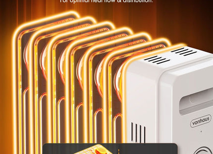 VonHaus 7 Fin Oil Filled Radiator 1500W – White Portable Electric Heater