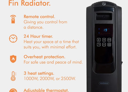 VonHaus Black Oil Filled Radiator with Digital Display – 2500W Electric Heater