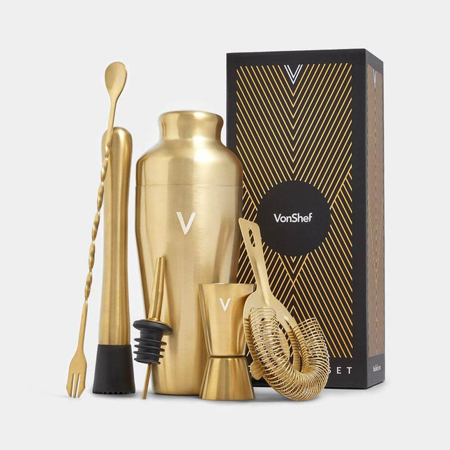 VonShef Parisian Gold Cocktail Shaker Set – 6 Piece Stainless Steel - 550ml