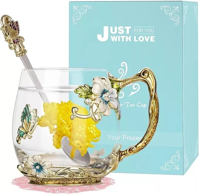 Wisolt Flower Glass Tea Cup with Spoon – Handmade Enamel Coffee Mug
