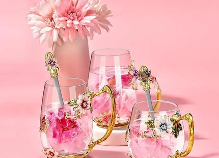 Wisolt Flower Glass Tea Cup with Spoon – Handmade Enamel Coffee Mug