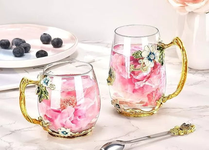Wisolt Flower Glass Tea Cup with Spoon – Handmade Enamel Coffee Mug