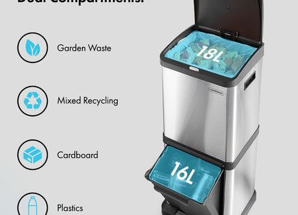 VonHaus Double Stainless Steel Recycling Bin – 34L Dual Compartment