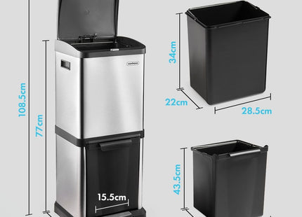 VonHaus Double Stainless Steel Recycling Bin – 34L Dual Compartment
