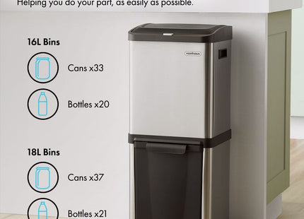VonHaus Double Stainless Steel Recycling Bin – 34L Dual Compartment