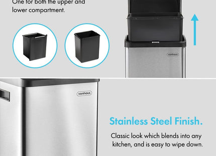 VonHaus Double Stainless Steel Recycling Bin – 34L Dual Compartment