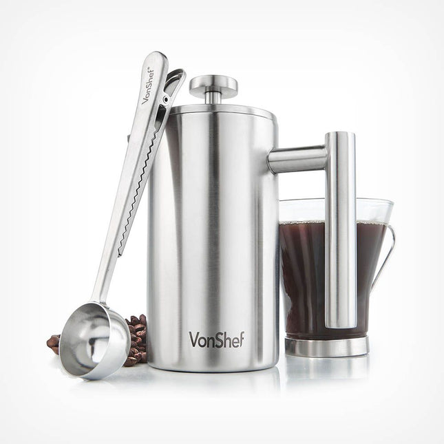 VonShef 3 Cup Cafetiere Stainless Steel – 350ml with Measuring Spoon